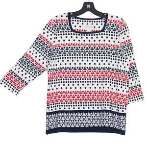 Alfred Dunner Top 3/4 Sleeve Sailboat Nautical Preppy Coastal Americana Small